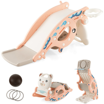 4-in-1 Kids Portable Slide Rocking Horse Toy with Basketball Hoop and Ring Toss