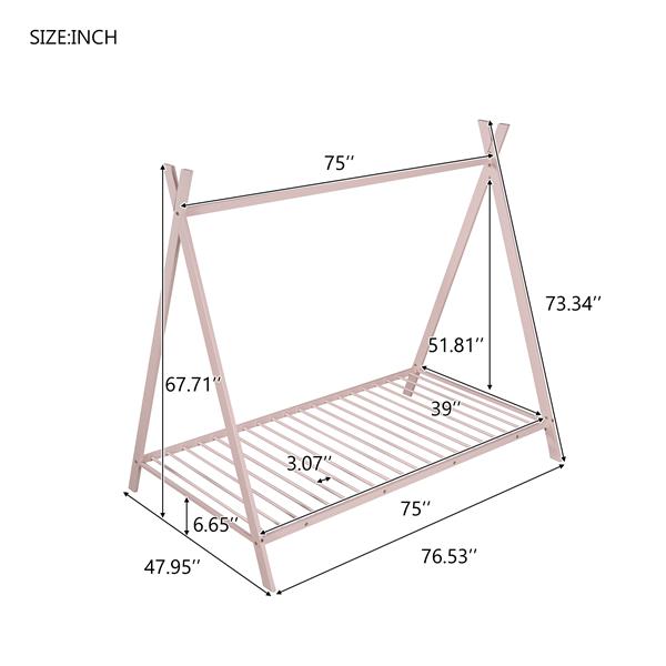 House Bed Tent Bed Frame Twin Size Metal Floor Play House Bed with Slat for Kids Girls Boys , No Box Spring Needed Pink