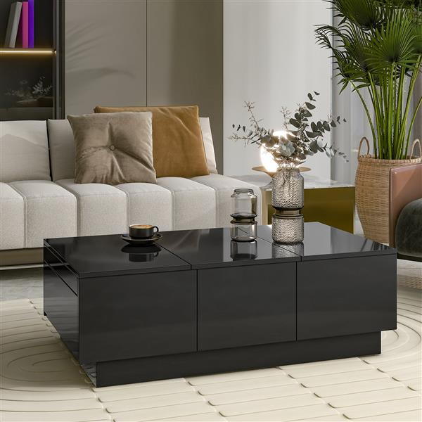 [VIDEO provided] Coffee Table with 2 large Hidden Storage Compartment, Extendable Cocktail Table with 2 Drawers, High-gloss Center Table with Sliding Top for Living Room, 39.3"x21.6", Black