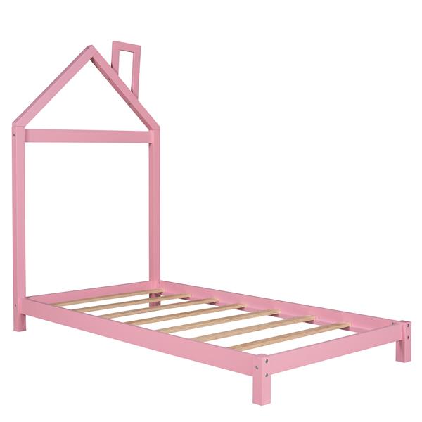 Twin Size Wood Platform Bed with House-shaped Headboard  (Pink)