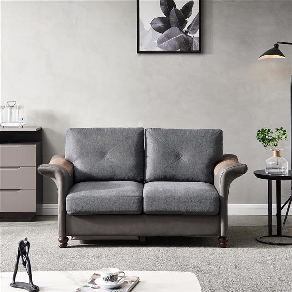 Living Room General Use Linen Fabric Faux Leather with Wood Leg Love Seat (Dark Grey)