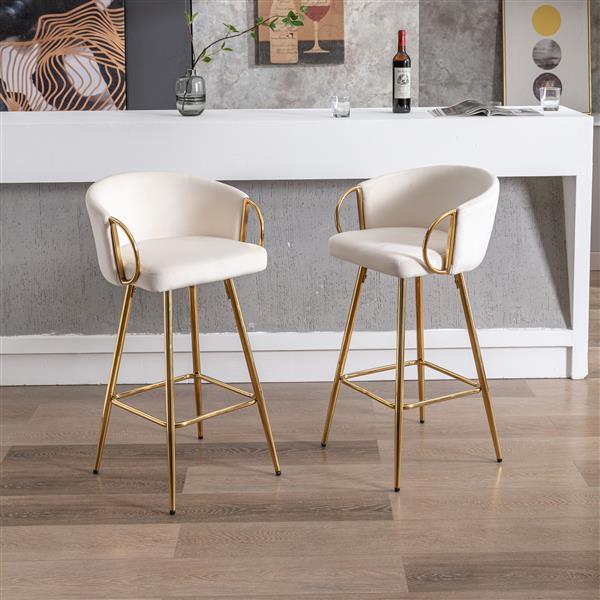 30 Inch Set of 2 Bar Stools,with Chrome Footrest and Base Velvet + Golden Leg Simple Bar Stool,CREAM