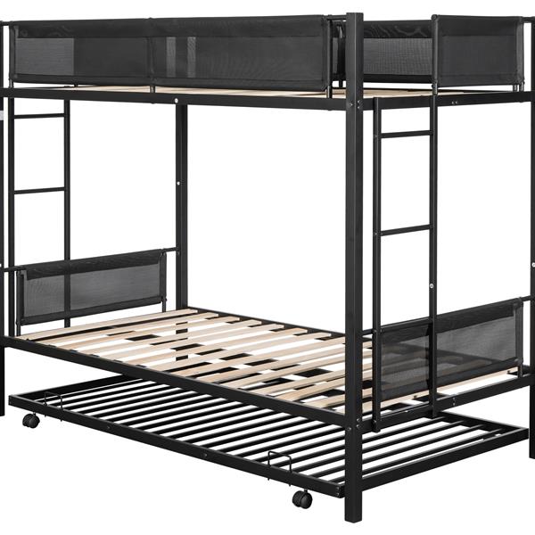 Metal Twin over twin bunk bed with Trundle/ Sturdy Metal Frame/ Noise-Free Wood Slats/ Comfortable Textilene Guardrail/ 2 side Ladders/ Space-Saving Trundle/ Bunk Bed for Three/ No Box Spring Needed