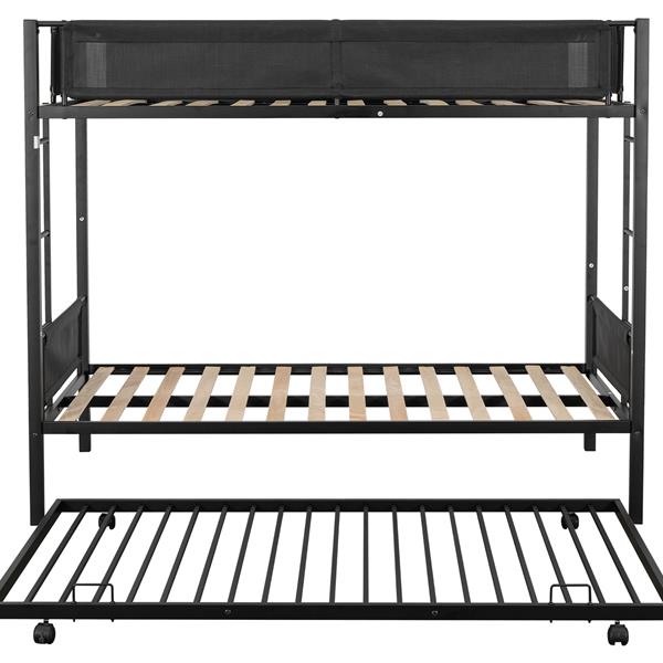 Metal Twin over twin bunk bed with Trundle/ Sturdy Metal Frame/ Noise-Free Wood Slats/ Comfortable Textilene Guardrail/ 2 side Ladders/ Space-Saving Trundle/ Bunk Bed for Three/ No Box Spring Needed