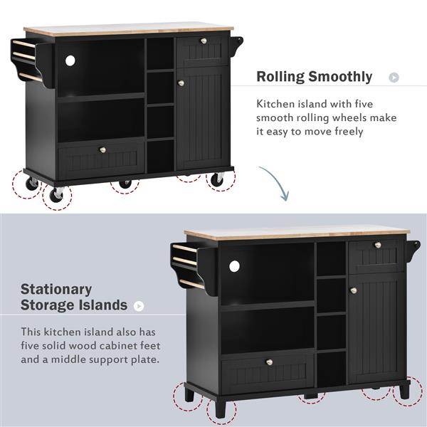 Kitchen Island Cart with Storage Cabinet and Two Locking Wheels,Solid wood desktop,Microwave cabinet,Floor Standing Buffet Server Sideboard for Kitchen Room,Dining Room,, Bathroom(Black)