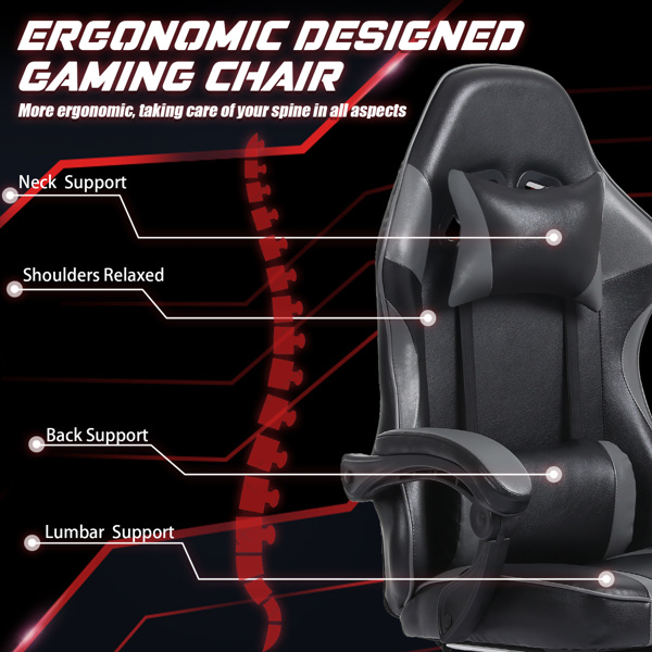 带脚踏板的人体工学游戏椅，适合体重较重人士使用的舒适电脑椅，可调节腰靠背办公椅，带 360° 旋转座椅，成人用 PU 皮革游戏椅，灰色-6