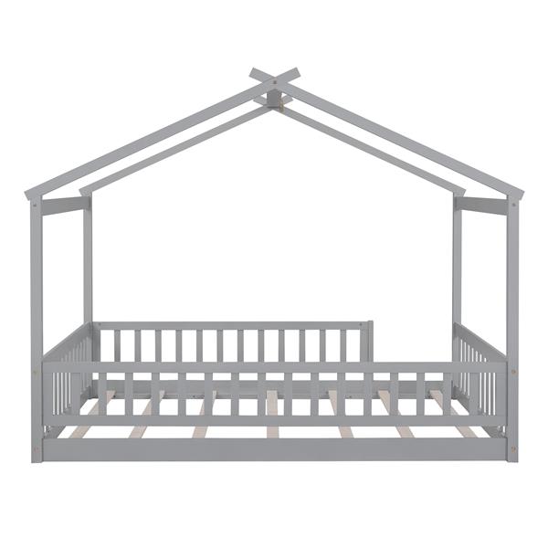 Full Size Wood Bed House Bed Frame with Fence, for Kids, Teens, Girls, Boys,Gray