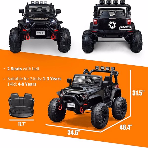 Large Wheels 2 Seater Kids Electric Car Powerful Electric Ride On Truck w/Remote Control, 2 Speeds, Music, Spring Suspension for Boys and Girls,Black