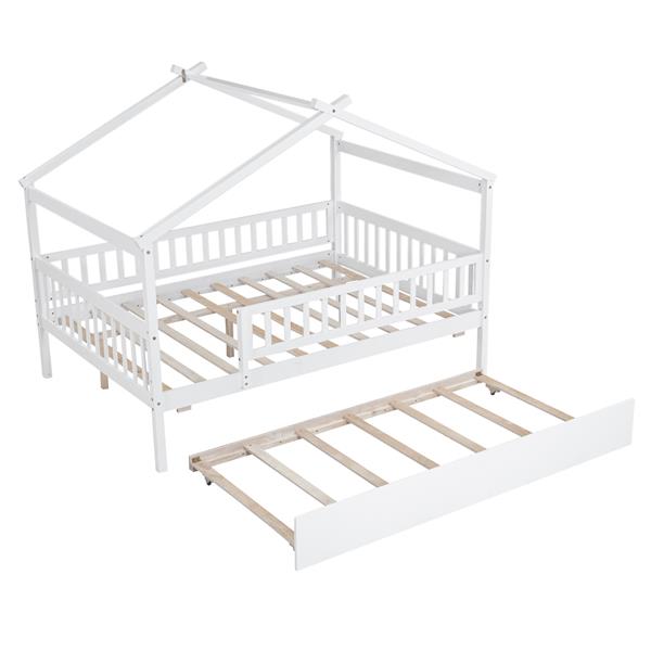 Full Size Wooden House Bed with Twin Size Trundle, White