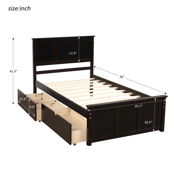 Platform Storage Bed, 2 drawers with wheels, Twin Size Frame, Espresso