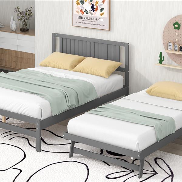 Full Size Platform Bed with Adjustable Trundle,Gray