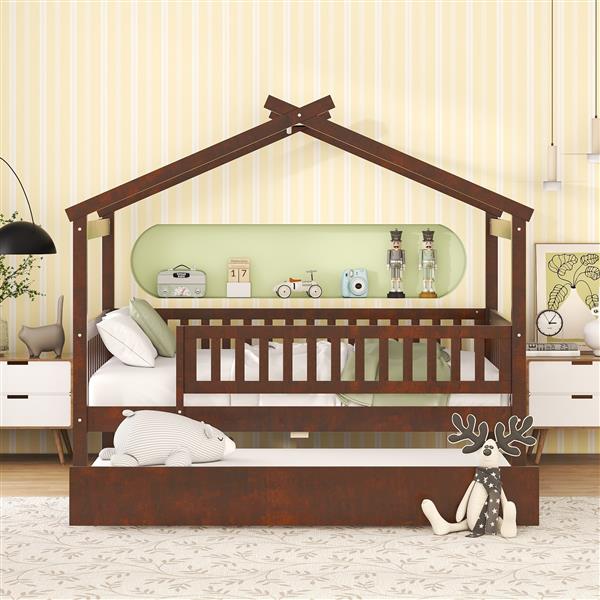 Full Size Wooden House Bed with Twin Size Trundle, Walnut