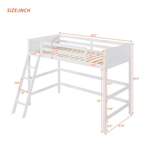 Solid Wood Twin Size Loft Bed with Ladder(White)