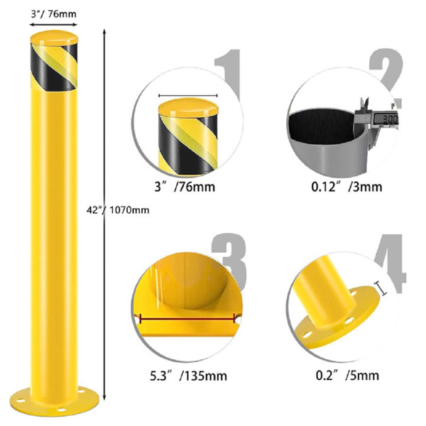 Safety Bollard Post, 42 Inch Height Steel Bollards, 3 Inch Diameter Parking Bollard, Yellow Powder Coated Safety Parking Barrier Post, for Traffic Sensitive Areas, 4PCS 