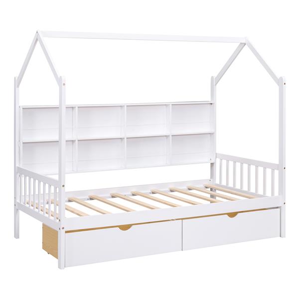 Wooden Twin Size House Bed with 2 Drawers,Kids Bed with Storage Shelf, White