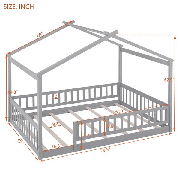 Full Size Wood Bed House Bed Frame with Fence, for Kids, Teens, Girls, Boys,Gray