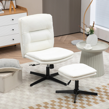 High Back Office Chair with Ottoman, PU Leather Armless Desk Chair No Wheels Computer Task Chair, Double Layered Cushion Wide Seat, Swivel Vanity Chair Recliner, White