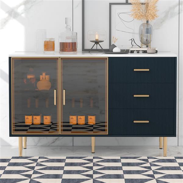 Modern Sideboard MDF Buffet Cabinet Marble Sticker Tabletop and Amber-yellow Tempered Glass Doors with Gold Metal Legs & Handles (Navy Blue)