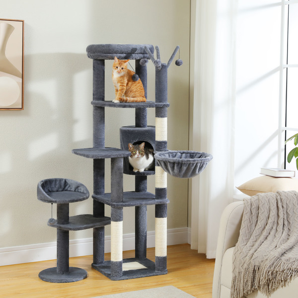 59" Cat Tree,Cat Tower for Large Cats,Multi-Level Cat Tower with 3 Removable Pompom Sticks,Cat Condo with Large Hammock,Scratching Post,and 2 Perches,Deep Grey(Banned shein,unable to ship on weekends)