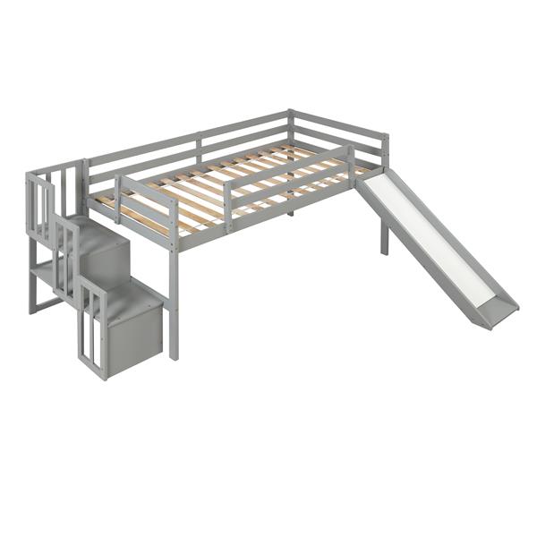 Loft Bed with Staircase, Storage, Slide, Twin size, Full-length Safety Guardrails, No Box Spring Needed, Grey