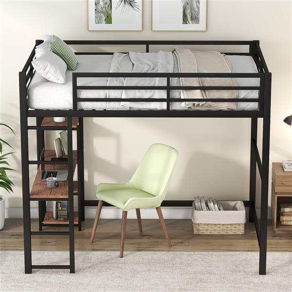 Full Size Metal Loft Bed with Built-in Desk and Storage Shelves, Black