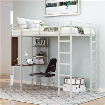 Twin Metal Loft Bed with 2 Shelves and one Desk ,Silver