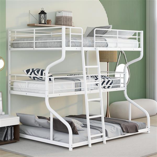 Full XL over Twin XL over Queen Size Triple Bunk Bed with Long and Short Ladder,White