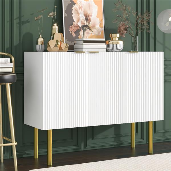 Modern Simple & Luxury Style Sideboard Particle Board & MDF Board Cabinet with Gold Metal Legs & Handles, Adjustable Shelves for Living Room, Dining Room (White)