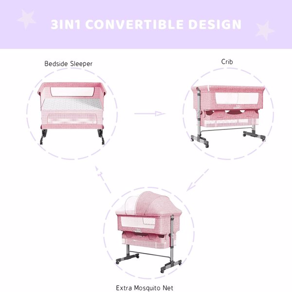 Baby Bassinet Bedside Sleeper 3 in 1 Bedside Crib, Adjustable Portable Bed for Infant/Baby/New born, with Mosquito Nets, Large Storage Bag, Comfortable Mattresses, Lockable Wheels, Pink