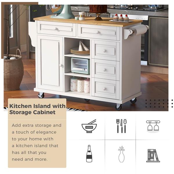 Kitchen cart with Rubber wood desktop rolling mobile kitchen island with storage and 5 draws 53 Inch  length(White)