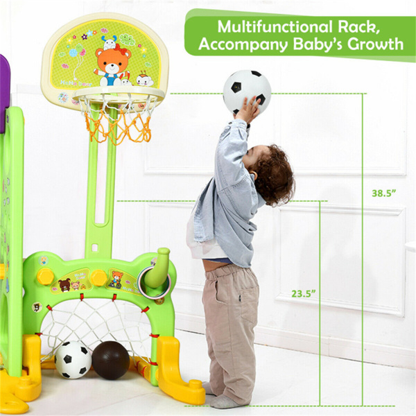 6-in-1 Kids Portable Slide Rocking Horse Toy with Basketball Hoop and Ring Toss