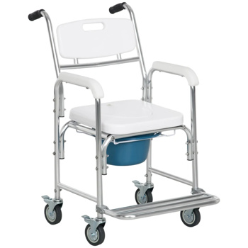 Shower Commode Wheelchair,  Waterproof Rolling Over Toilet Chair with Padded Seat