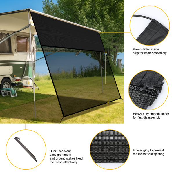 RV Awning Shade Screen with Zipper 15' x 8' - Black Mesh UV Blocker Sun Shade Complete Kits for Motorhome Camper Travel Trailer Canopy