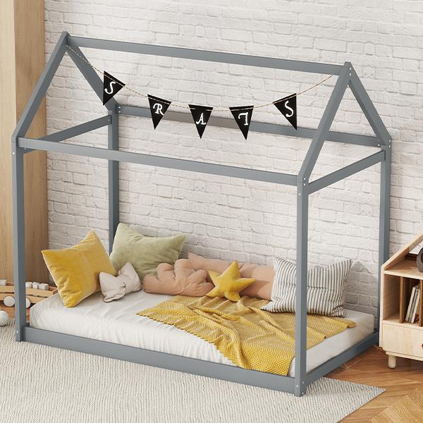 Twin Size Wooden House Bed, Gray