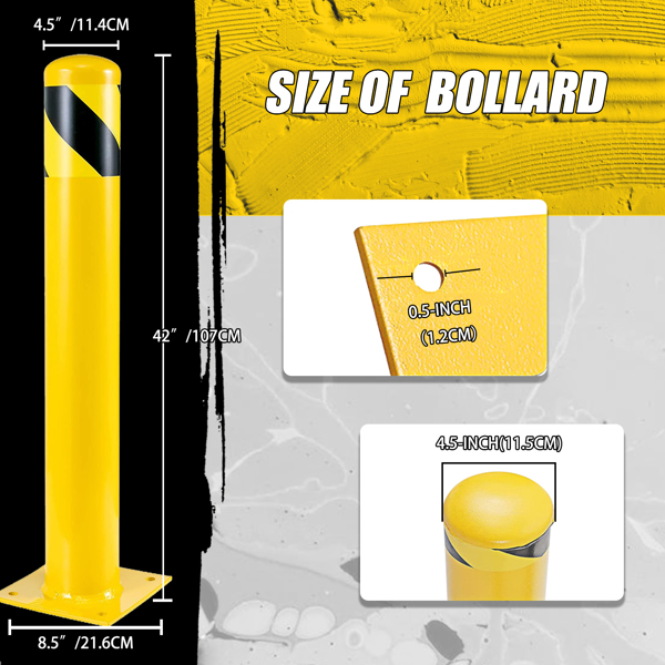 Safety Bollard Post, 107cm Height Steel Bollards, 11.4cm Diameter Parking Bollard, Yellow Powder Coated Safety Parking Barrier Post, for Traffic Sensitive Areas, 3PCS 