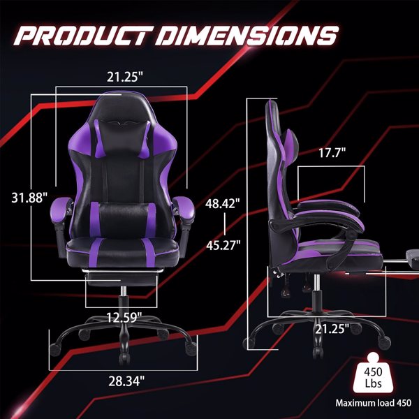 Video Game Chairs for Adults, PU Leather Gaming Chair with Footrest, 360°Swivel Adjustable Lumbar Pillow Gamer Chair, Comfortable Computer Chair for Heavy People, Purple