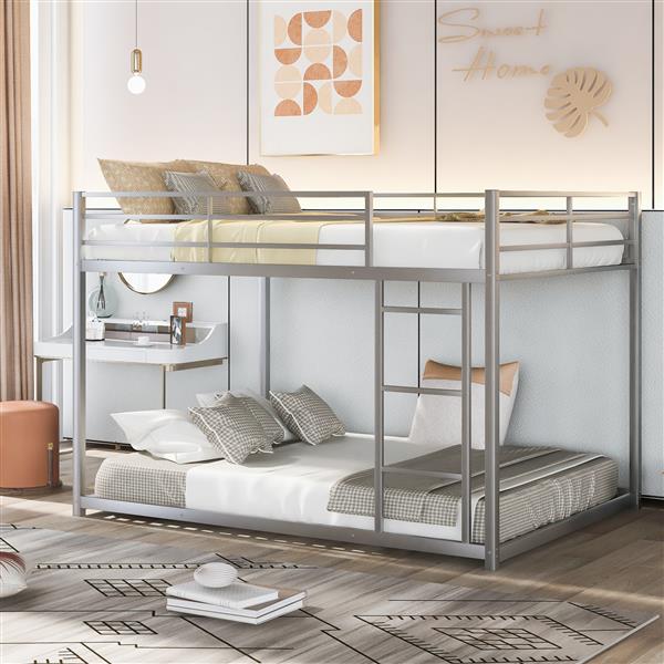 Full over Full Metal Bunk Bed, Low Bunk Bed with Ladder, Silve