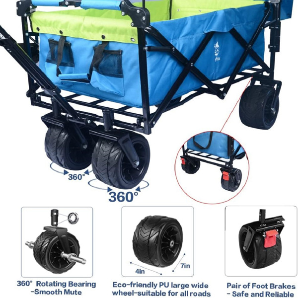 Collapsible Wagon Heavy Duty Folding Wagon Cart with Removable Canopy, 4" Wide Large All Terrain Wheels, Brake, Adjustable Handles,Cooler Bag Utility Carts for Outdoor Garden Wagons Carts Beach Cart