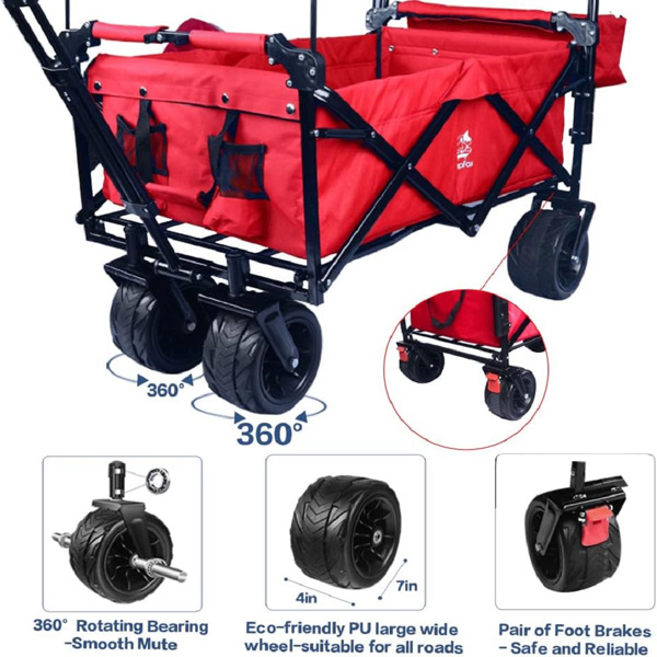 Collapsible Wagon Heavy Duty Folding Wagon Cart with Removable Canopy, 4" Wide Large All Terrain Wheels, Brake, Adjustable Handles,Cooler Bag Utility Carts for Outdoor Garden Wagons Carts Beach Cart