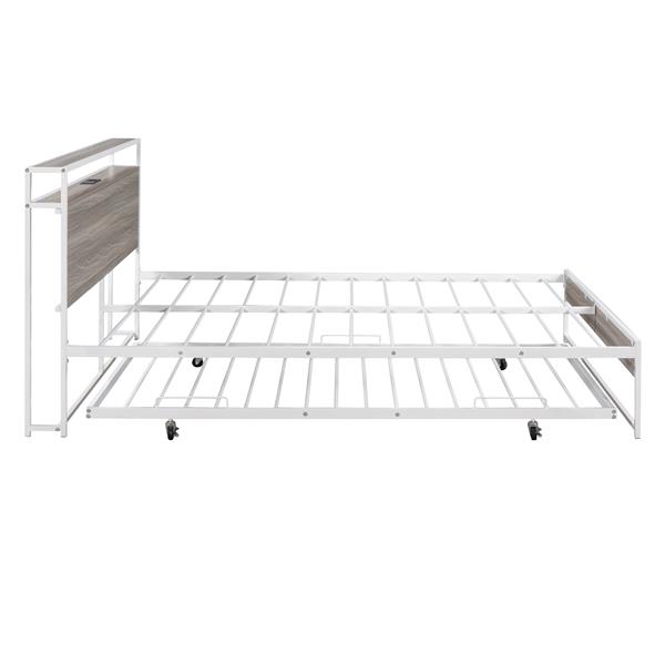 Queen Size Metal Platform Bed Frame with Trundle, USB Ports and Slat Support ,No Box Spring Needed White