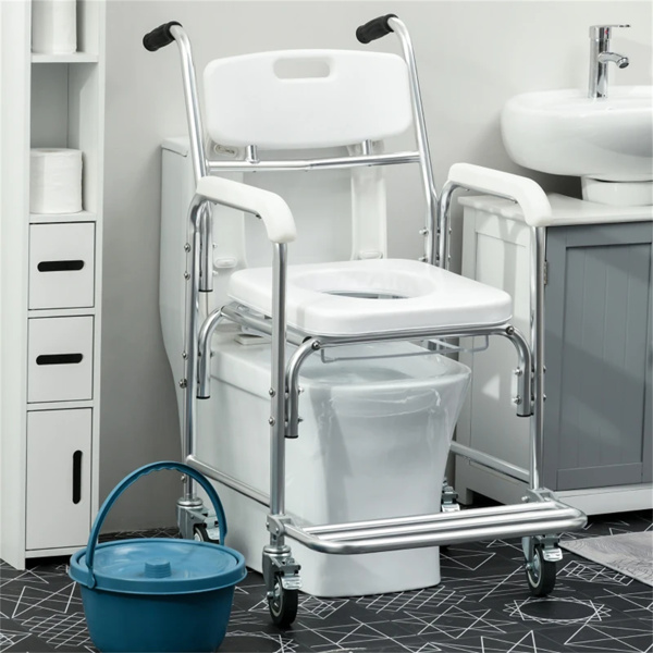 Shower Commode Wheelchair,  Waterproof Rolling Over Toilet Chair with Padded Seat