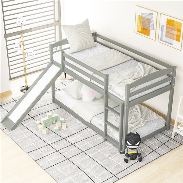 Twin over Twin Bunk Bed with Convertible Slide and Ladder , Gray