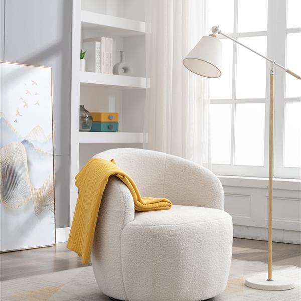 Teddy Fabric Swivel Accent Armchair Barrel Chair With Black Powder Coating Metal Ring,Ivory White