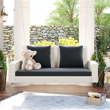 2-Person Wicker Hanging Porch Swing with Chains, Cushion, Pillow, Rattan Swing Bench for Garden, Backyard, Pond. (White Wicker, Gray Cushion)