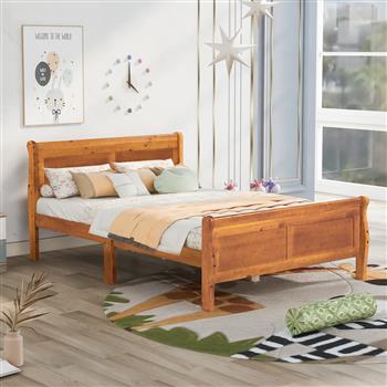 Full Size Wood Platform Bed with Headboard and Wooden Slat Support (Oak)