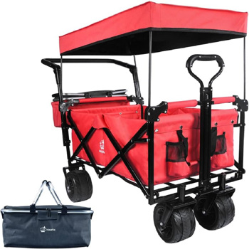 Collapsible Wagon Heavy Duty Folding Wagon Cart with Removable Canopy, 4\\" Wide Large All Terrain Wheels, Brake, Adjustable Handles,Cooler Bag Utility Carts for Outdoor Garden Wagons Carts Beach Cart