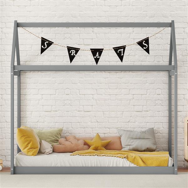 Twin Size Wooden House Bed, Gray