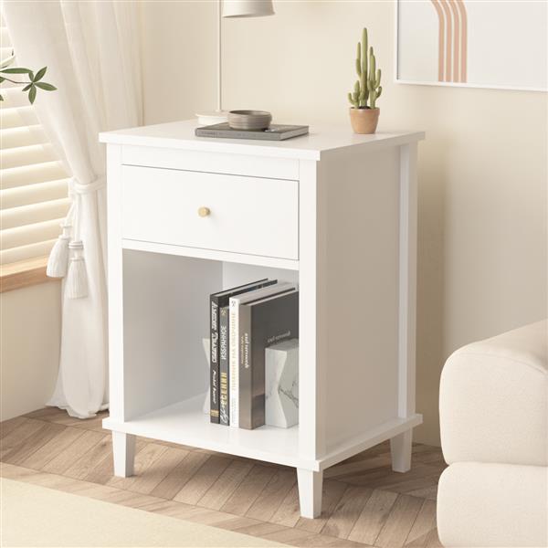 26.77''H Wooden Nightstand with One Drawer One Shelf for Kids, Adults, White