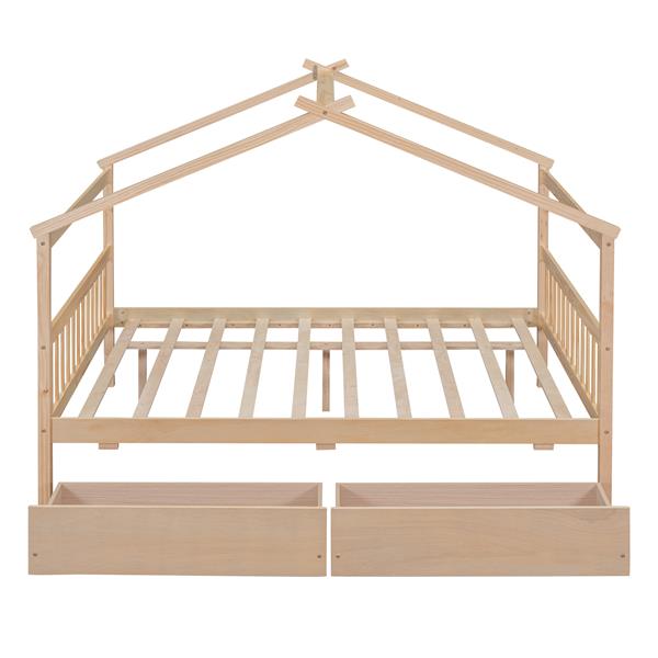 Full Size Wooden House Bed with Drawers, Natural