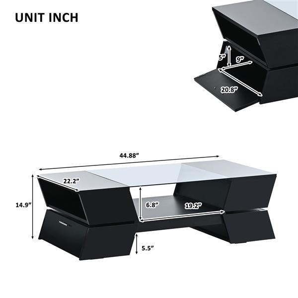 6mm Glass-Top Coffee Table with Open Shelves and Cabinets, Geometric Style Cocktail Table with Great Storage Capacity, Modernist 2-Tier Center Table for Living Room, Black